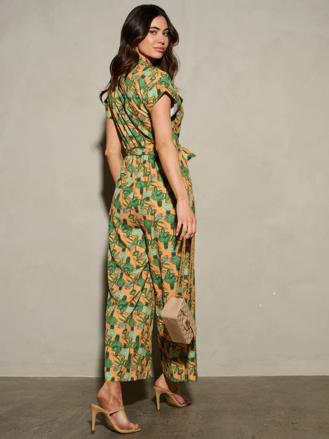 WOMEN'S SHORT SLEEVE SELF TIE FLORAL BUTTON UP JUMPSUIT