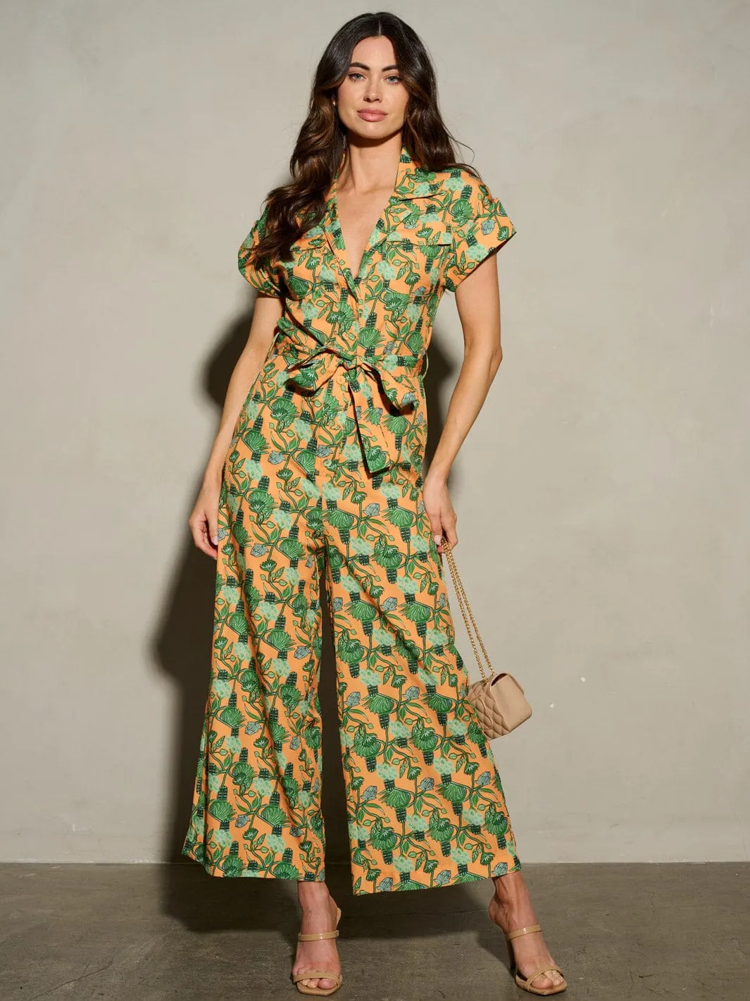 WOMEN'S SHORT SLEEVE SELF TIE FLORAL BUTTON UP JUMPSUIT