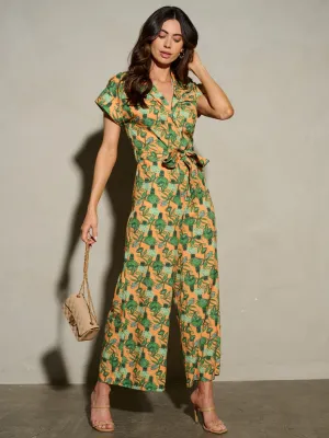 WOMEN'S SHORT SLEEVE SELF TIE FLORAL BUTTON UP JUMPSUIT