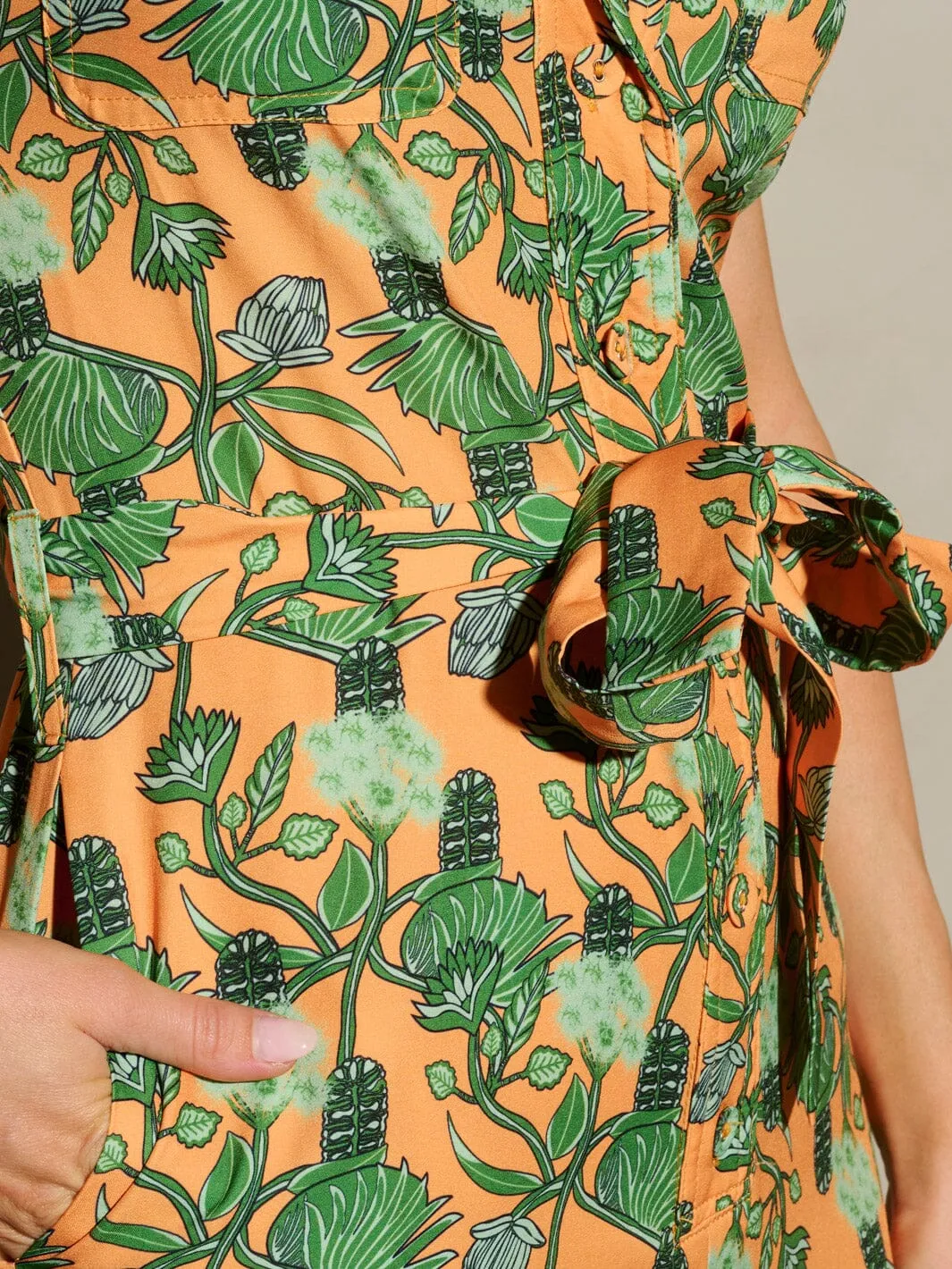 WOMEN'S SHORT SLEEVE SELF TIE FLORAL BUTTON UP JUMPSUIT