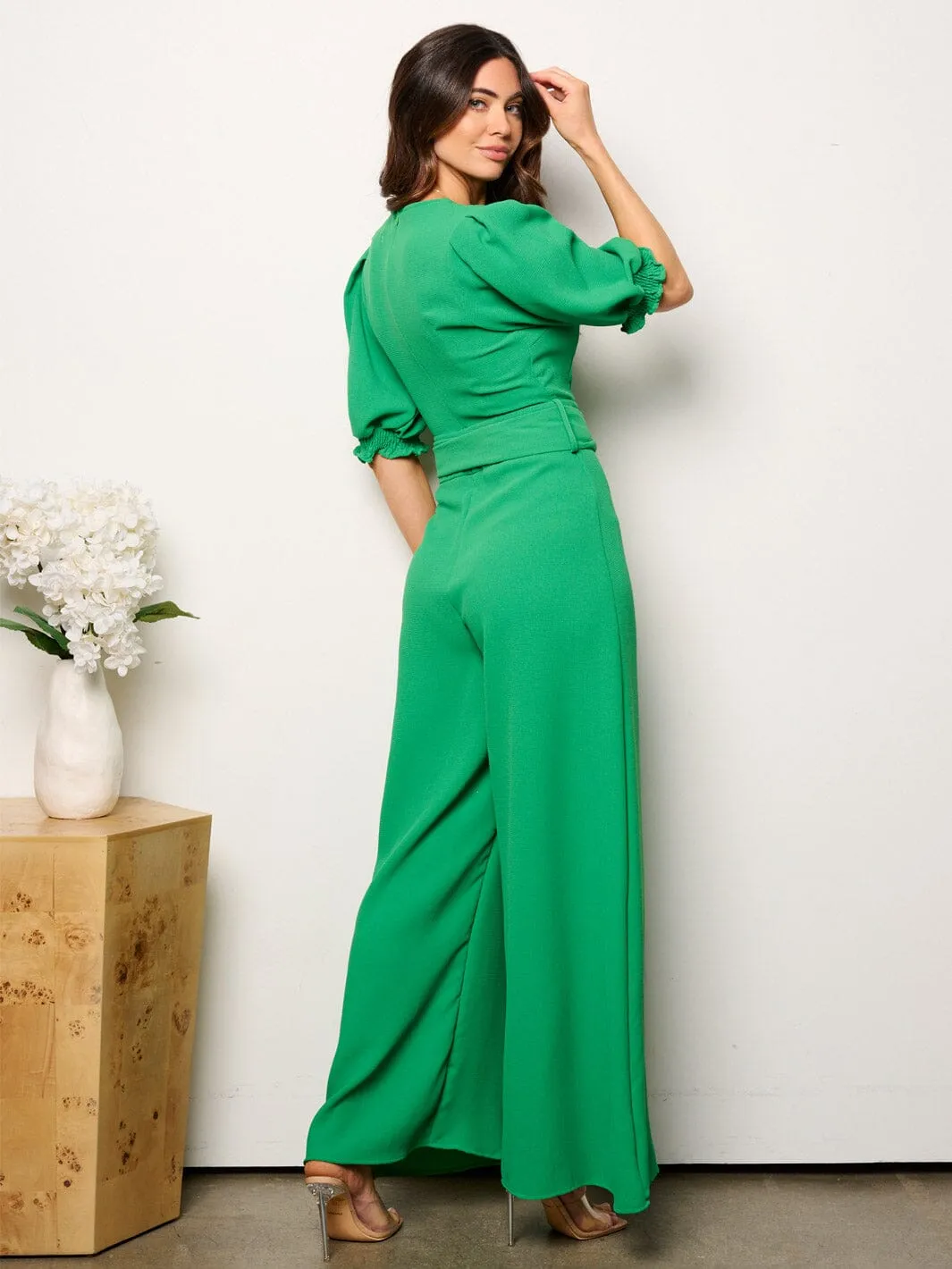 WOMEN'S SHORT SLEEVE V-NECK SELF TIE WIDE LEG JUMPSUIT