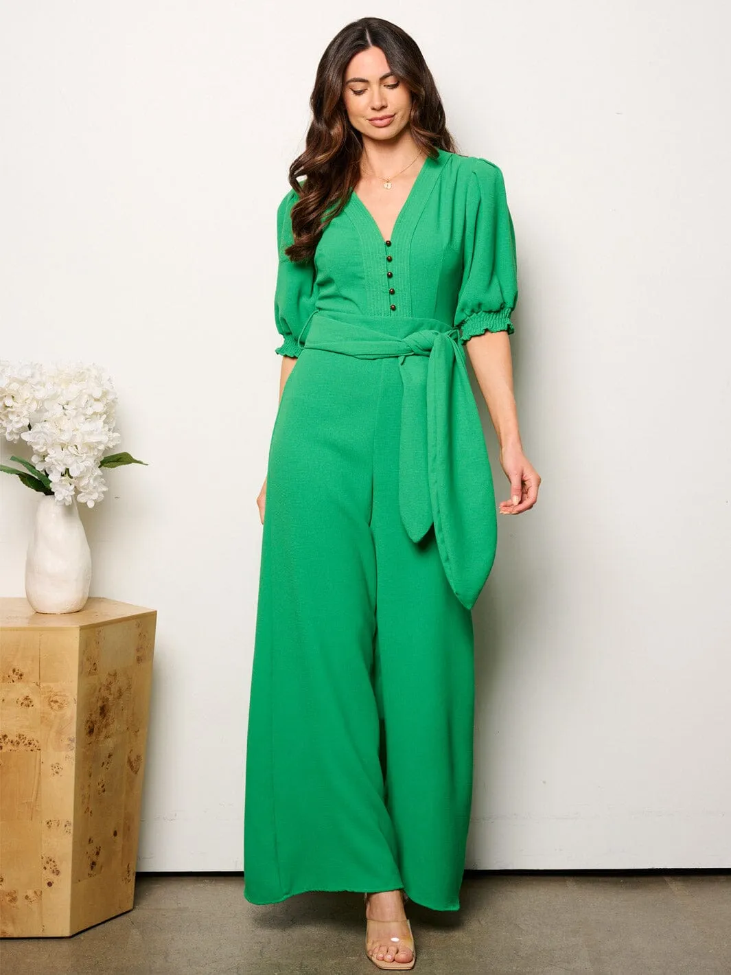 WOMEN'S SHORT SLEEVE V-NECK SELF TIE WIDE LEG JUMPSUIT