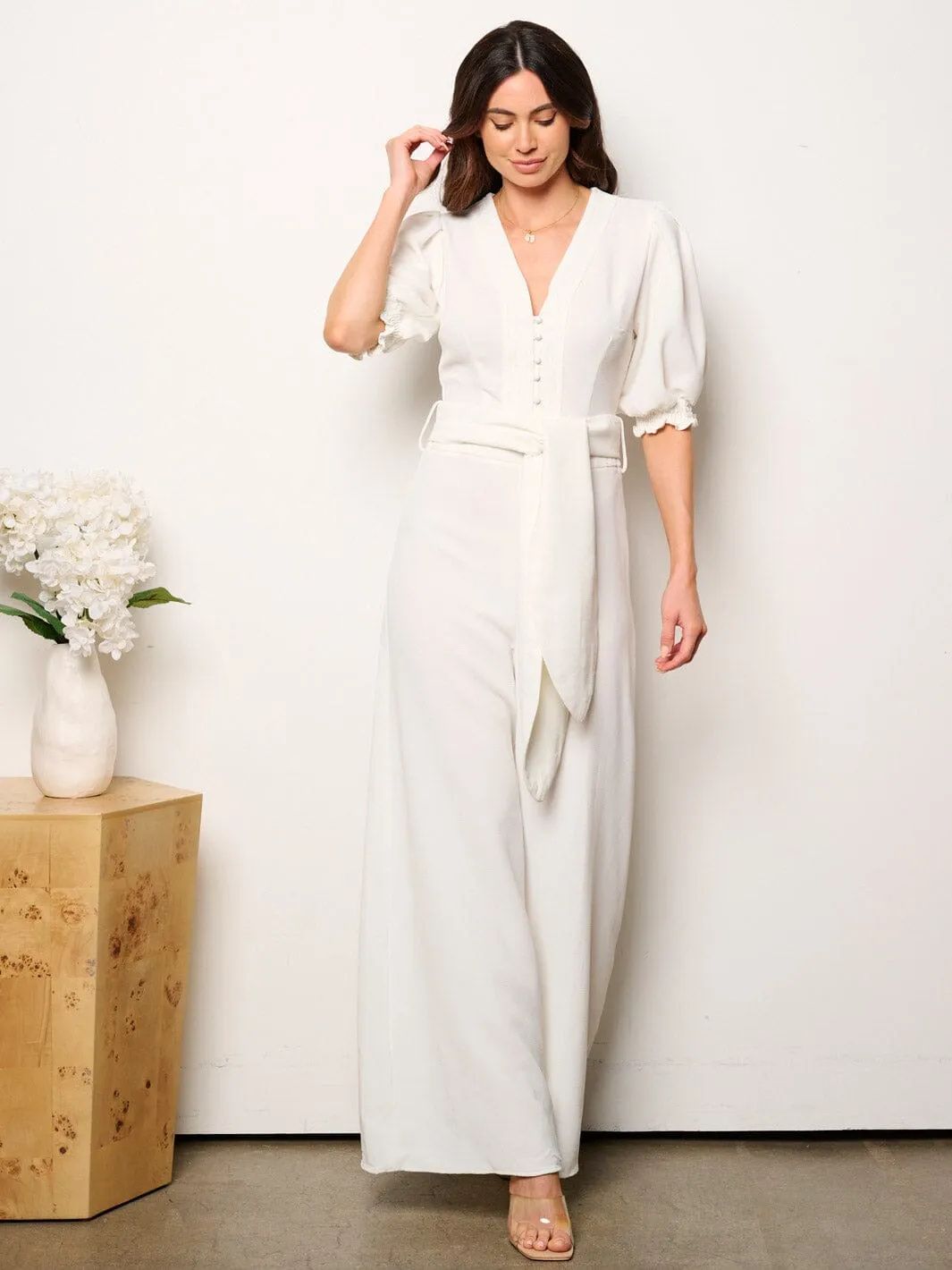 WOMEN'S SHORT SLEEVE V-NECK SELF TIE WIDE LEG JUMPSUIT