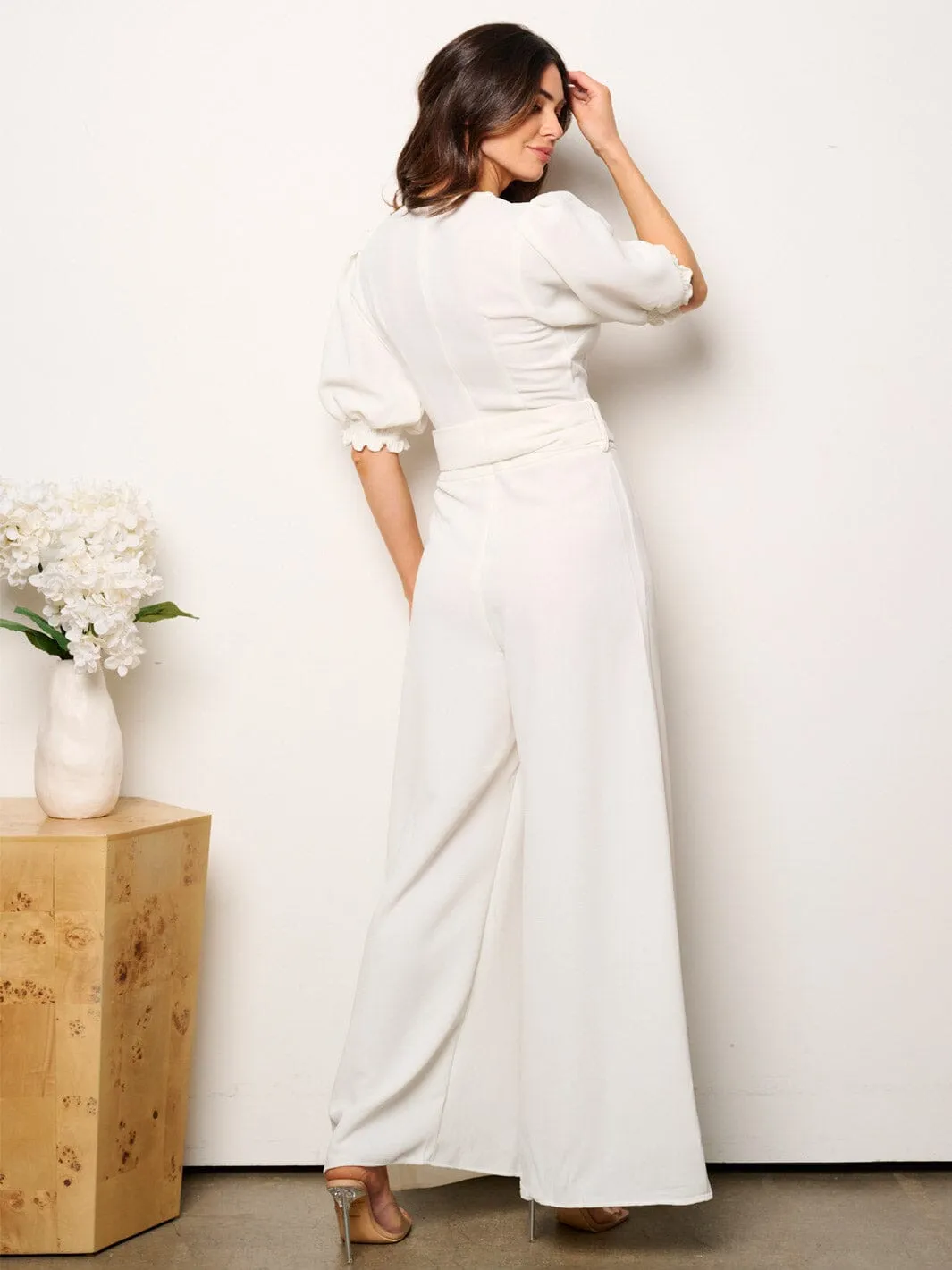 WOMEN'S SHORT SLEEVE V-NECK SELF TIE WIDE LEG JUMPSUIT