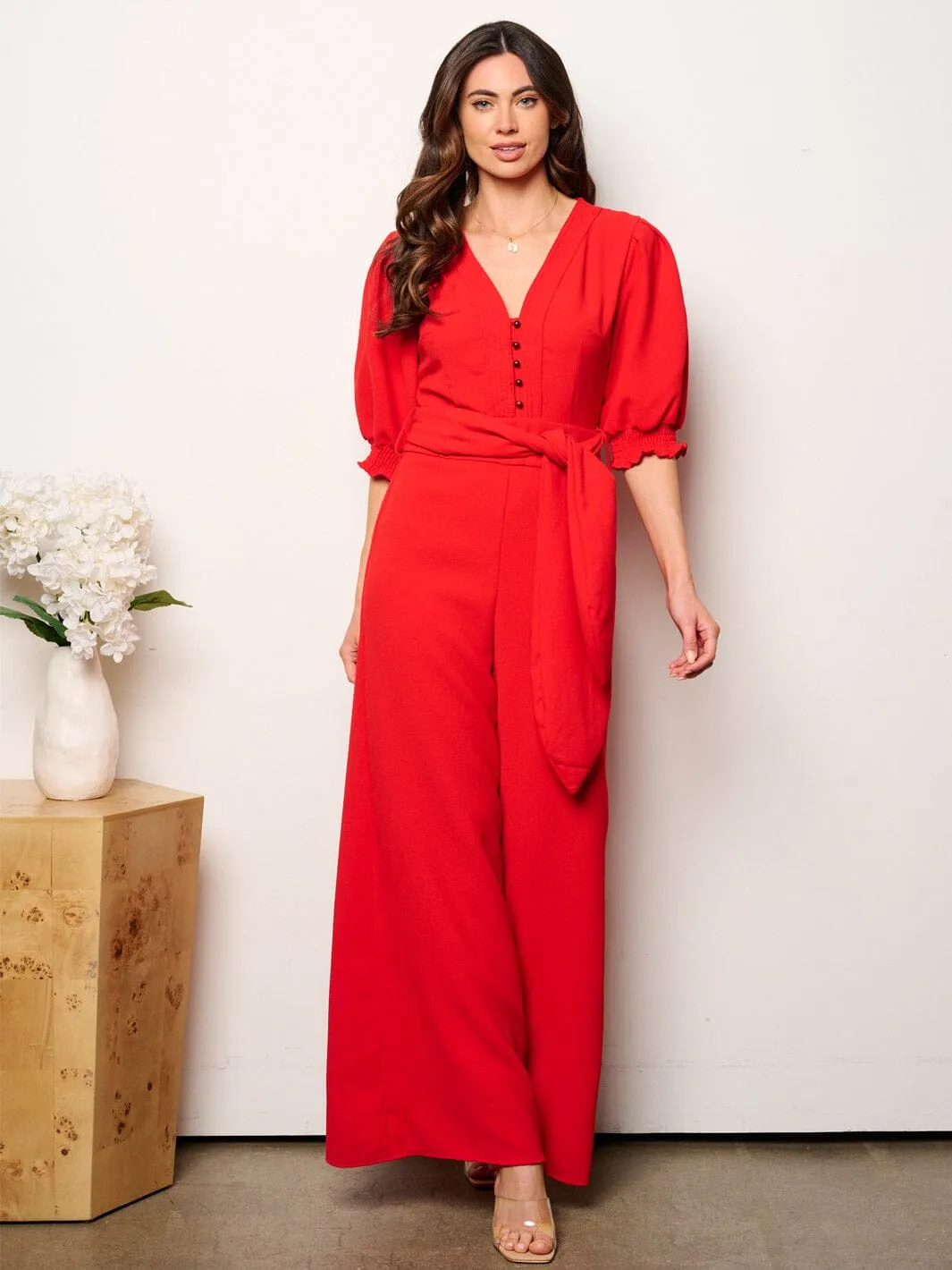 WOMEN'S SHORT SLEEVE V-NECK SELF TIE WIDE LEG JUMPSUIT