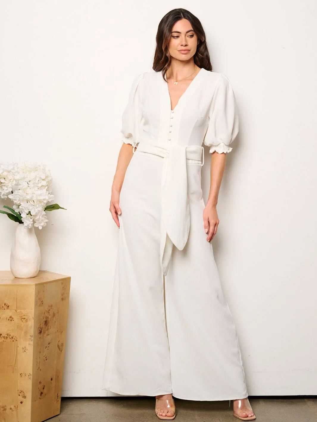 WOMEN'S SHORT SLEEVE V-NECK SELF TIE WIDE LEG JUMPSUIT