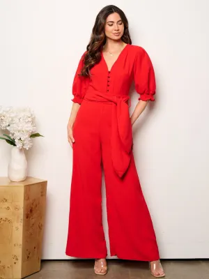 WOMEN'S SHORT SLEEVE V-NECK SELF TIE WIDE LEG JUMPSUIT