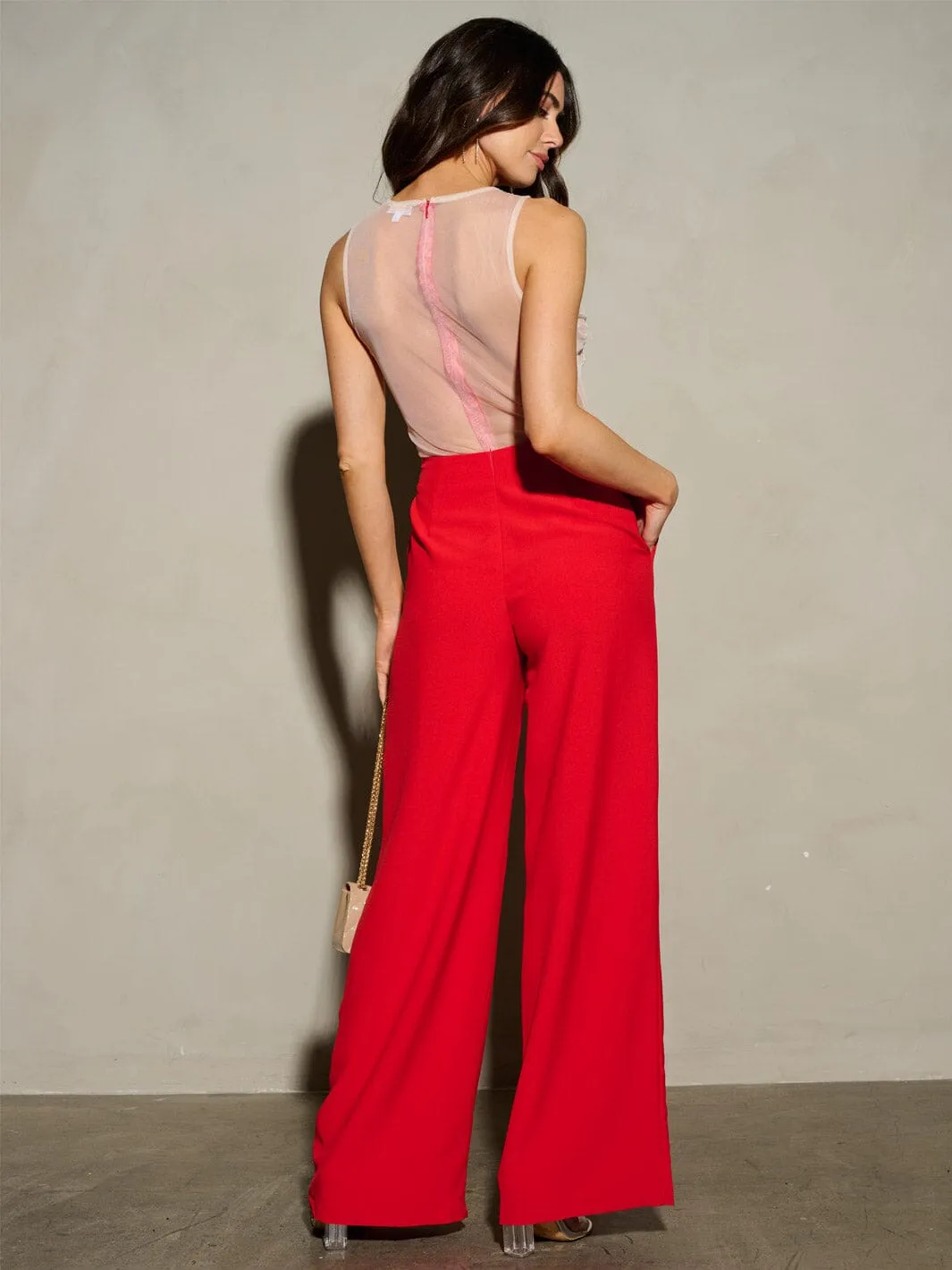 WOMEN'S SLEEVELESS MESH EMBROIDERY WIDE LEG JUMPSUIT