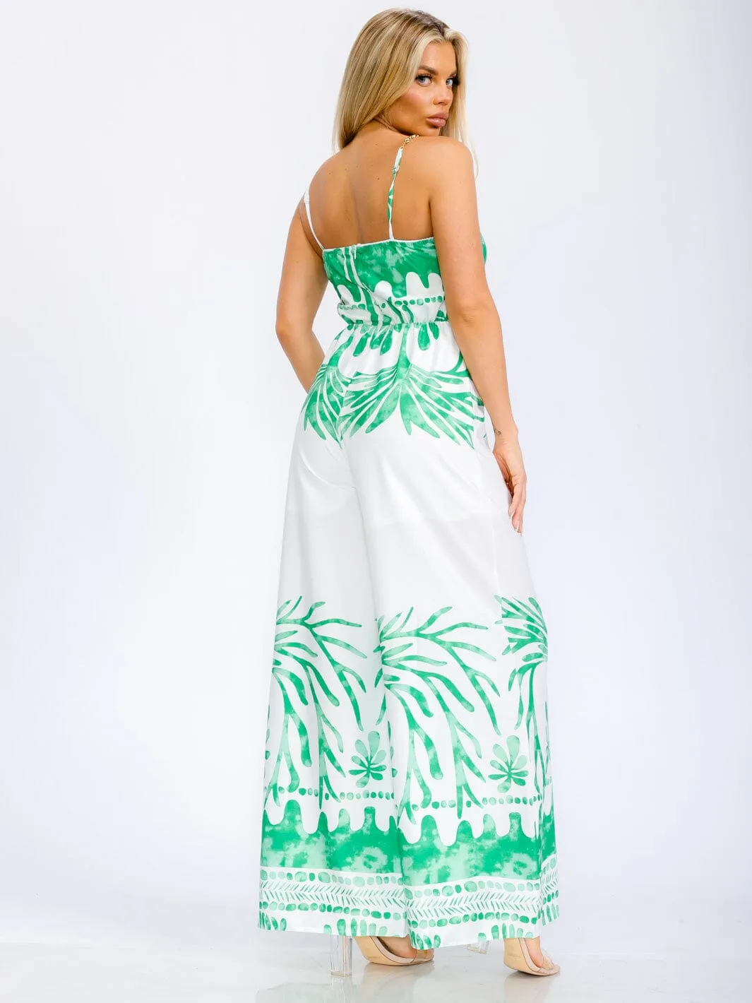 WOMEN'S SLEEVELESS V-NECK CHAIN DETAILED STRAPS WIDE LEG JUMPSUIT