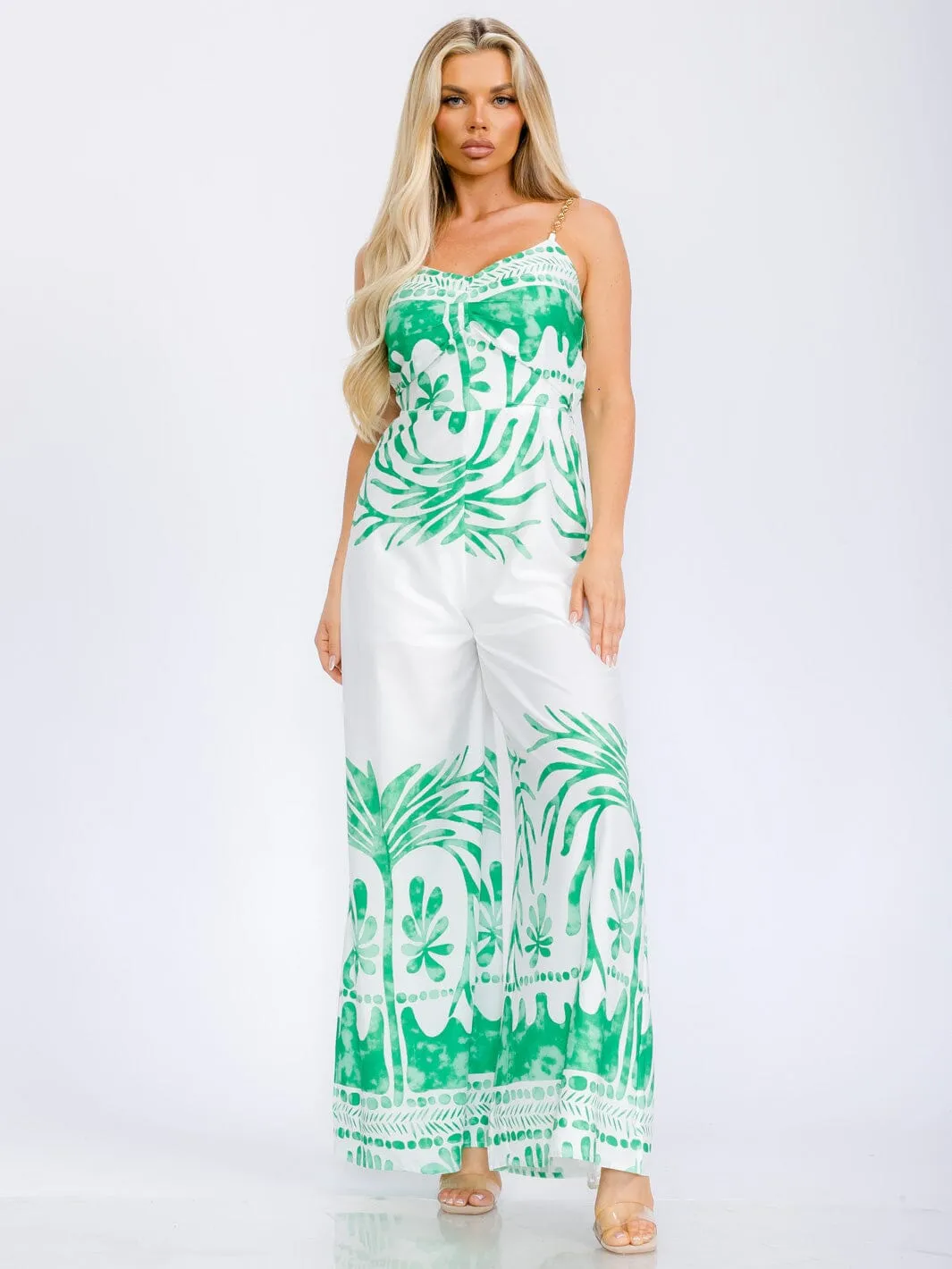 WOMEN'S SLEEVELESS V-NECK CHAIN DETAILED STRAPS WIDE LEG JUMPSUIT