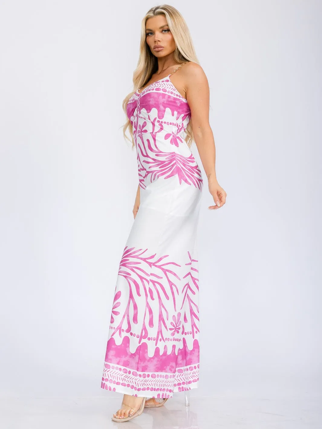 WOMEN'S SLEEVELESS V-NECK CHAIN DETAILED STRAPS WIDE LEG JUMPSUIT