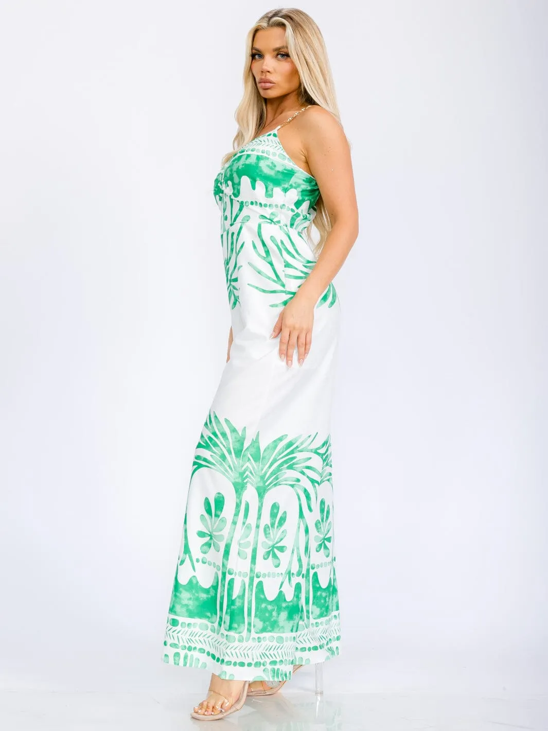 WOMEN'S SLEEVELESS V-NECK CHAIN DETAILED STRAPS WIDE LEG JUMPSUIT