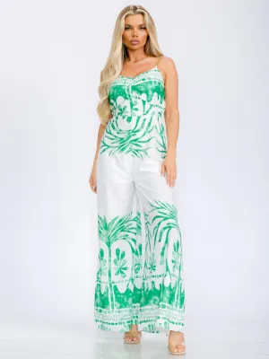 WOMEN'S SLEEVELESS V-NECK CHAIN DETAILED STRAPS WIDE LEG JUMPSUIT