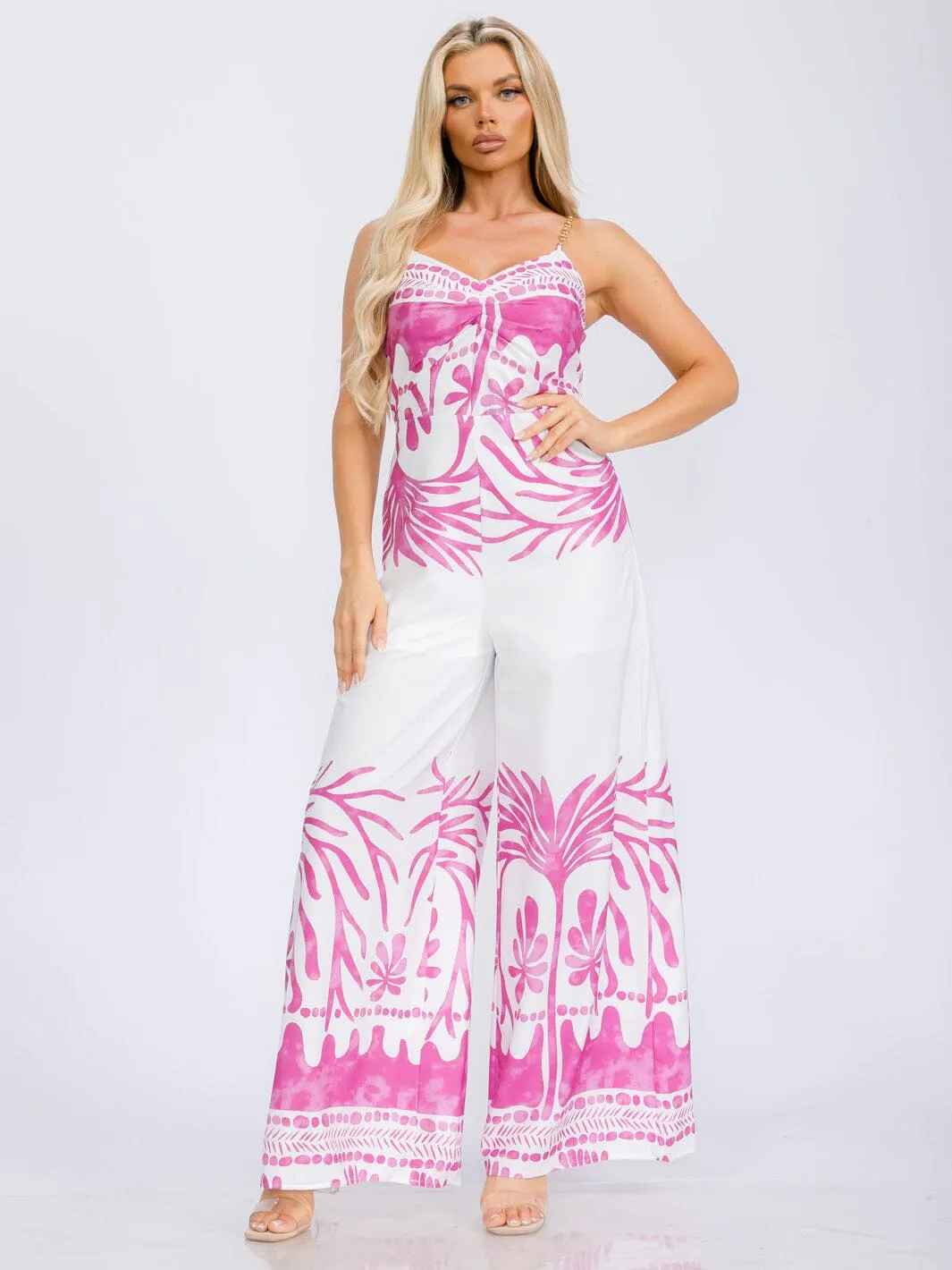 WOMEN'S SLEEVELESS V-NECK CHAIN DETAILED STRAPS WIDE LEG JUMPSUIT