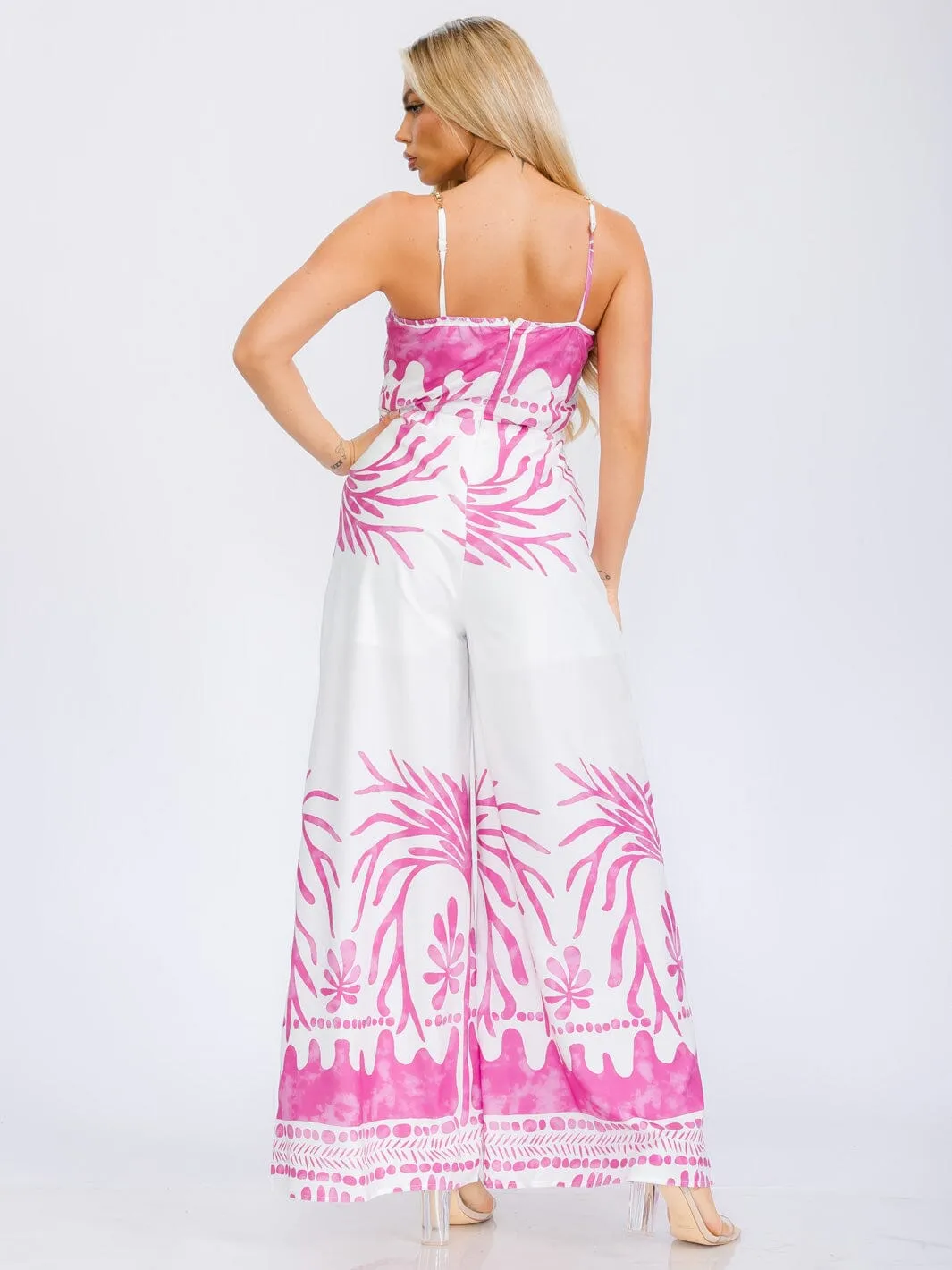 WOMEN'S SLEEVELESS V-NECK CHAIN DETAILED STRAPS WIDE LEG JUMPSUIT