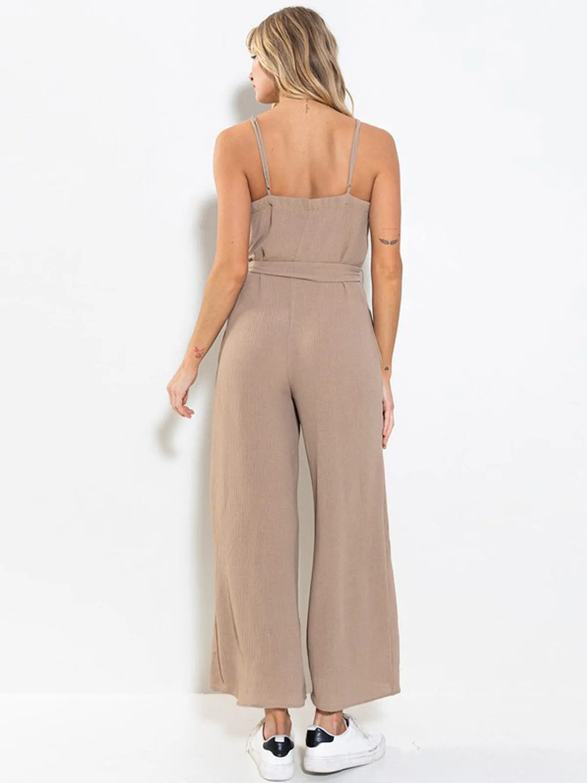 WOMEN'S SLEEVELESS V-NECK POCKETS SELF TIE WIDE LEG JUMPSUIT