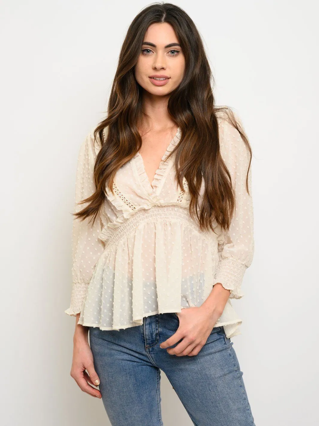 WOMEN'S SWISS DOT LACE TRIM V-NECK TOP