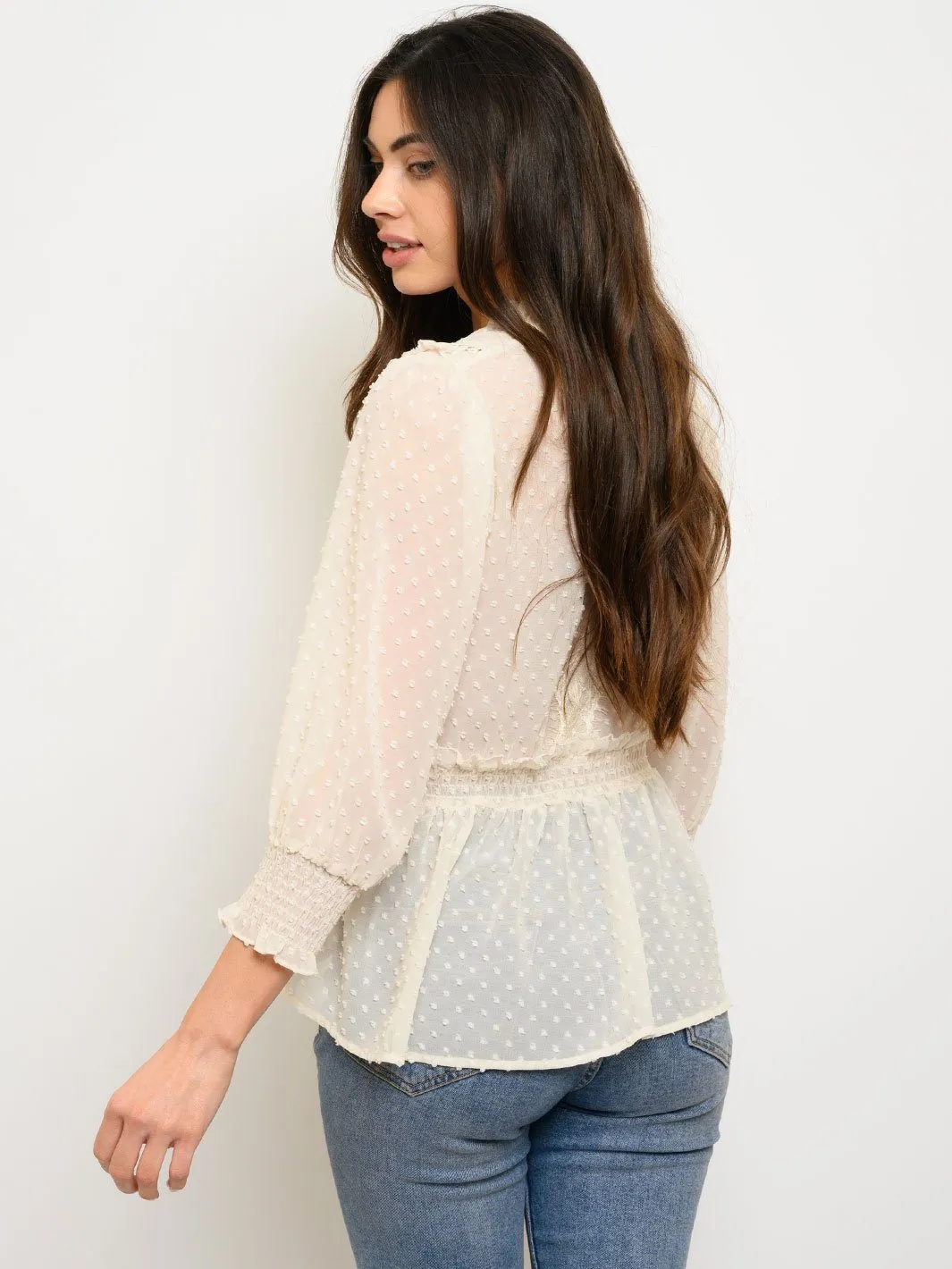 WOMEN'S SWISS DOT LACE TRIM V-NECK TOP