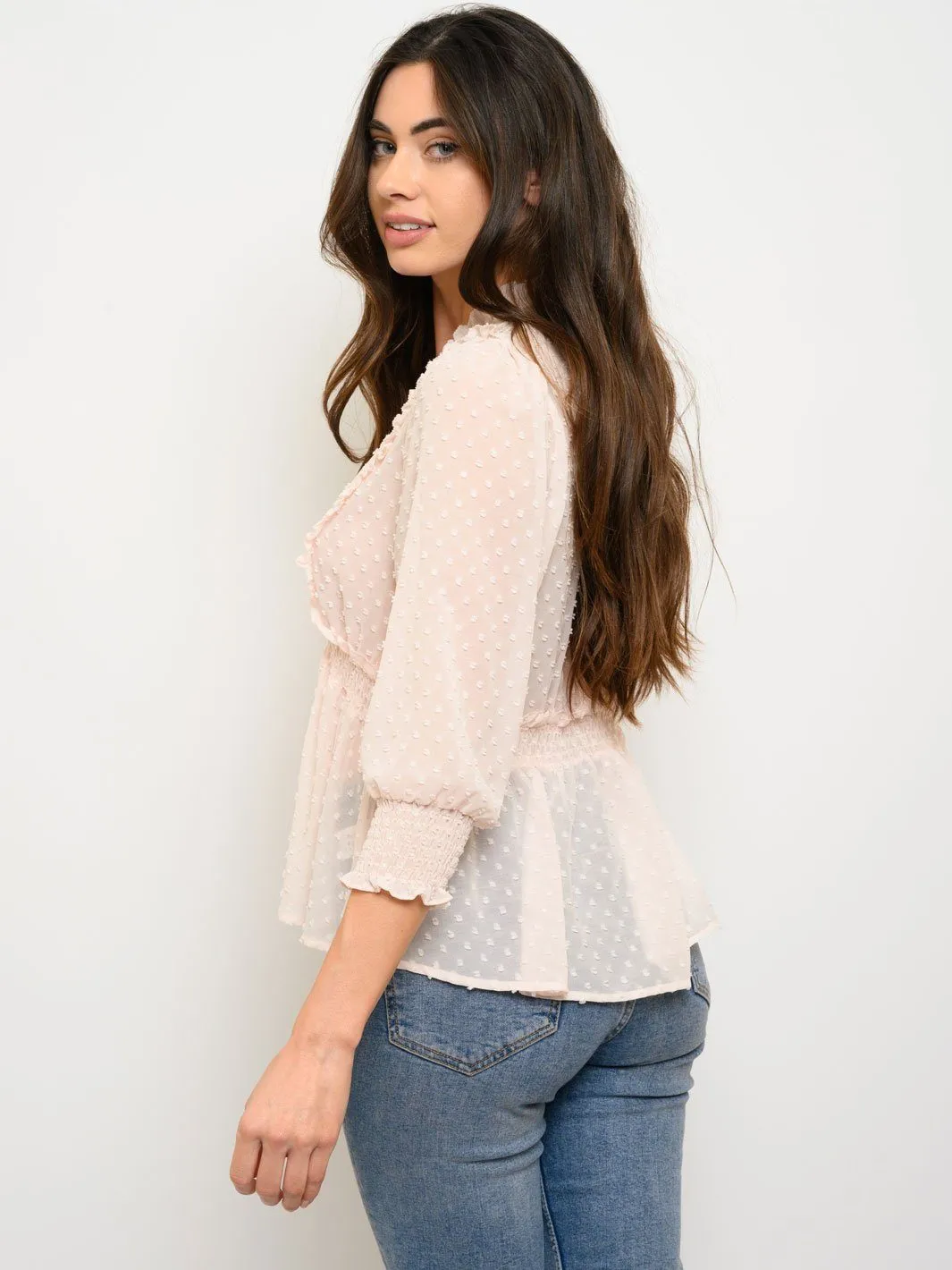 WOMEN'S SWISS DOT LACE TRIM V-NECK TOP