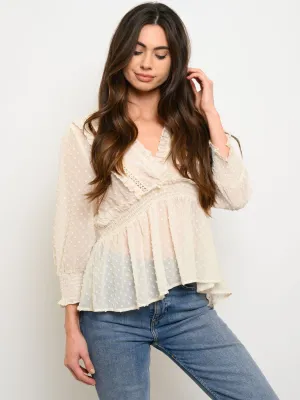 WOMEN'S SWISS DOT LACE TRIM V-NECK TOP