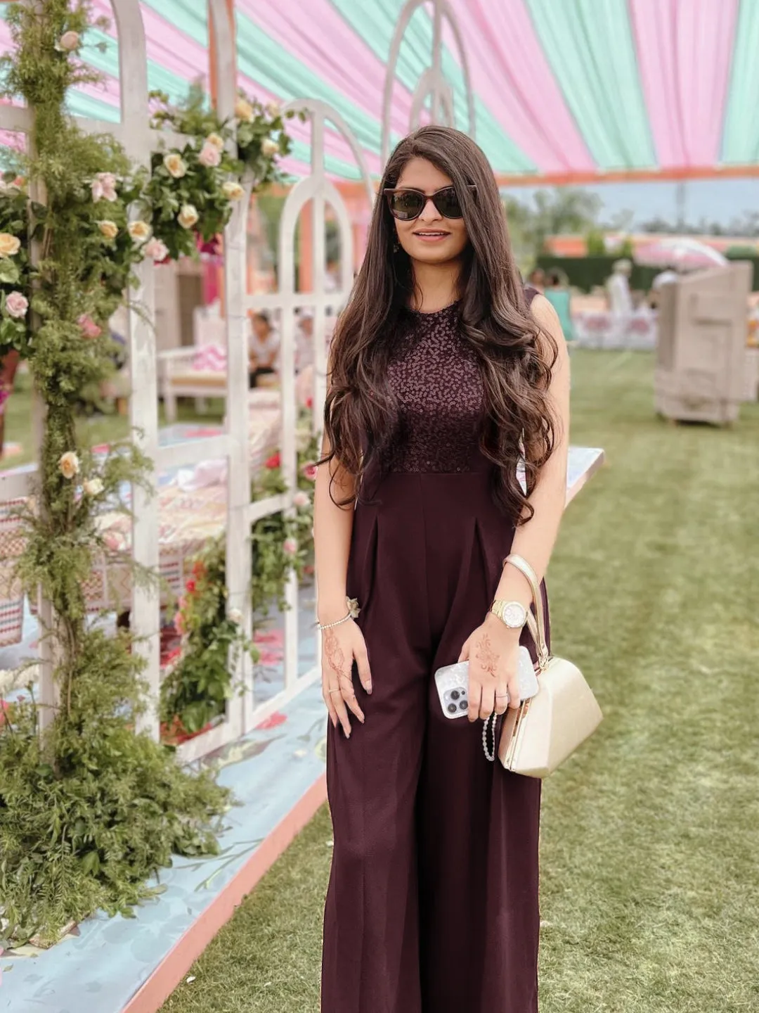 Women's Wine Color Halter Neck Sleeveless Solid Pleated Wide-Leg Sequin Paneled Regular Length Jumpsuit
