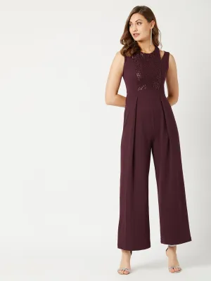 Women's Wine Color Halter Neck Sleeveless Solid Pleated Wide-Leg Sequin Paneled Regular Length Jumpsuit