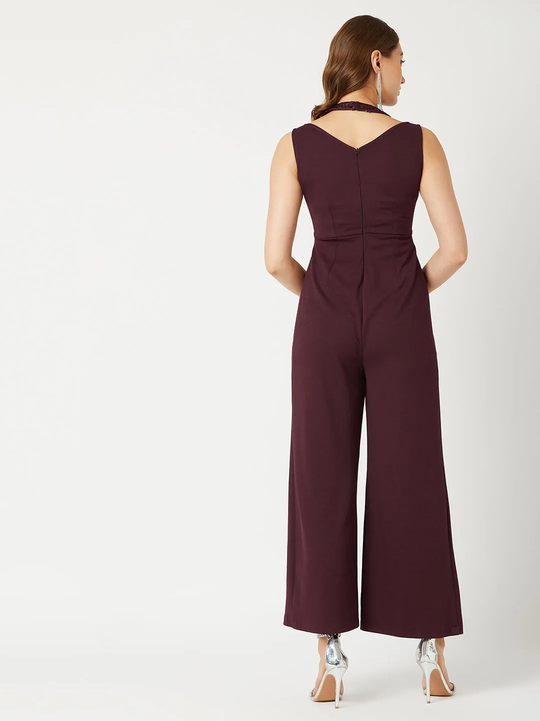 Women's Wine Color Halter Neck Sleeveless Solid Pleated Wide-Leg Sequin Paneled Regular Length Jumpsuit