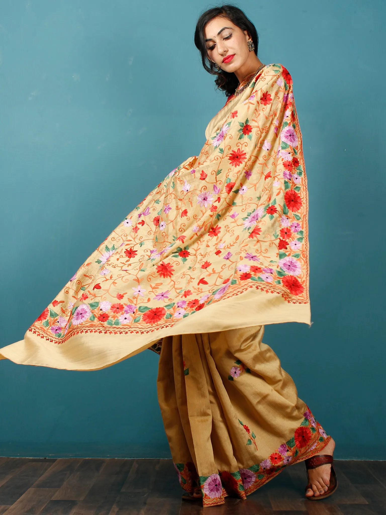 Yellow Lavender Red Green Aari Embroidered Bhagalpuri Silk Saree From Kashmir  - S031703064