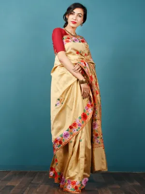 Yellow Lavender Red Green Aari Embroidered Bhagalpuri Silk Saree From Kashmir  - S031703064
