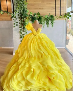 Yellow Prom Dresses Ball Gown Organza Skirt Ruffles Puffy Strapless Bodice Beaded Pageant Gowns 803101