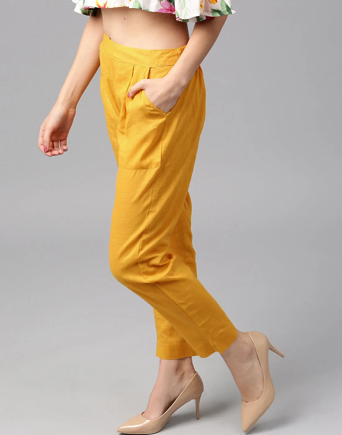 Yellow Solid Cotton Slub Straight Pants