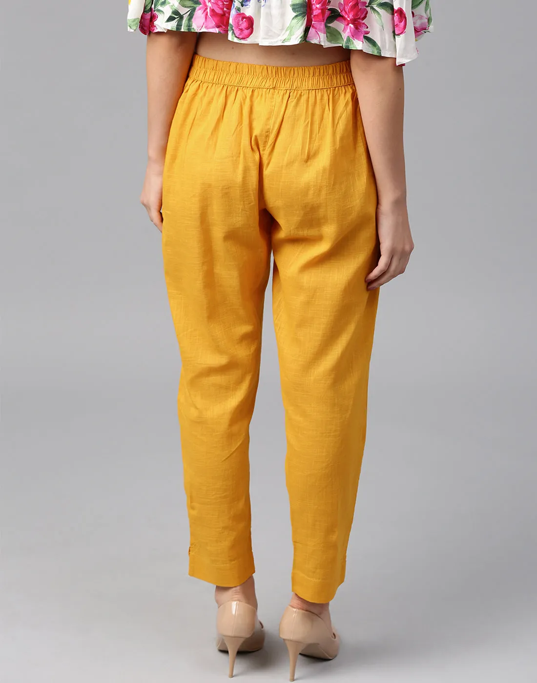 Yellow Solid Cotton Slub Straight Pants