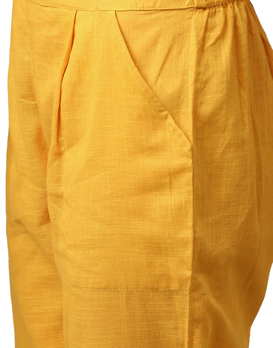 Yellow Solid Cotton Slub Straight Pants
