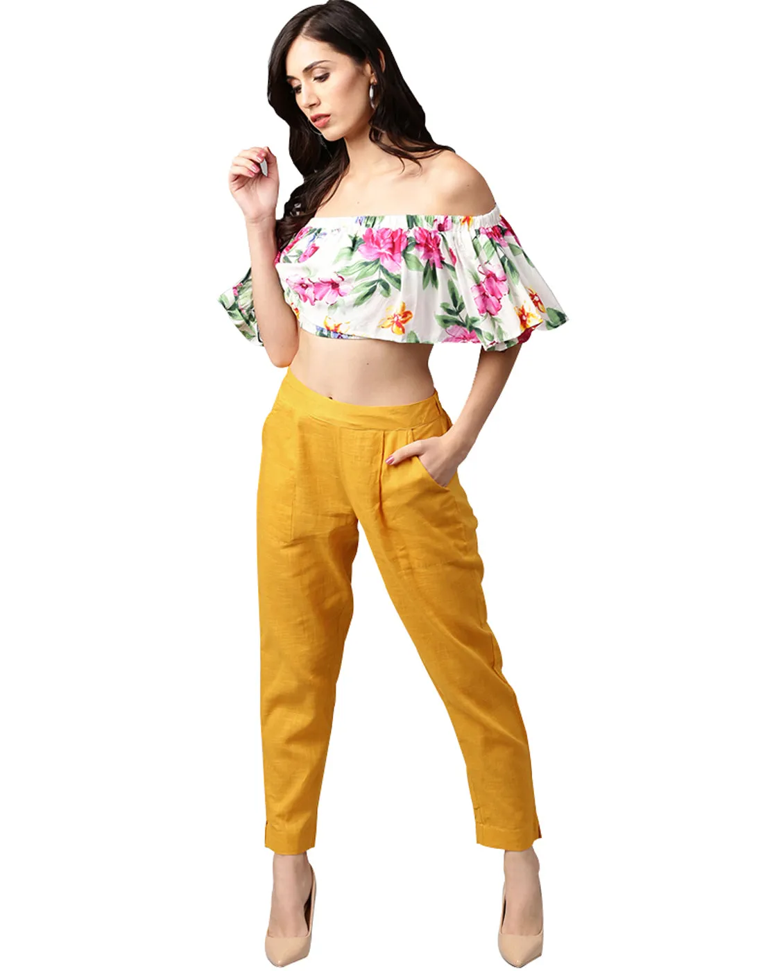 Yellow Solid Cotton Slub Straight Pants